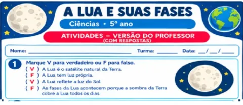 Atividade A Lua e suas fases em pdf para 5º ano — amostra 2: Explore o universo com esta atividade de Ciências sobre a Lua…