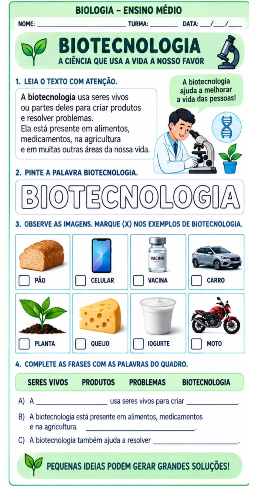 Atividade adaptada de Biotecnologia- AEE nível básico — amostra 1: Conteúdos trabalhados