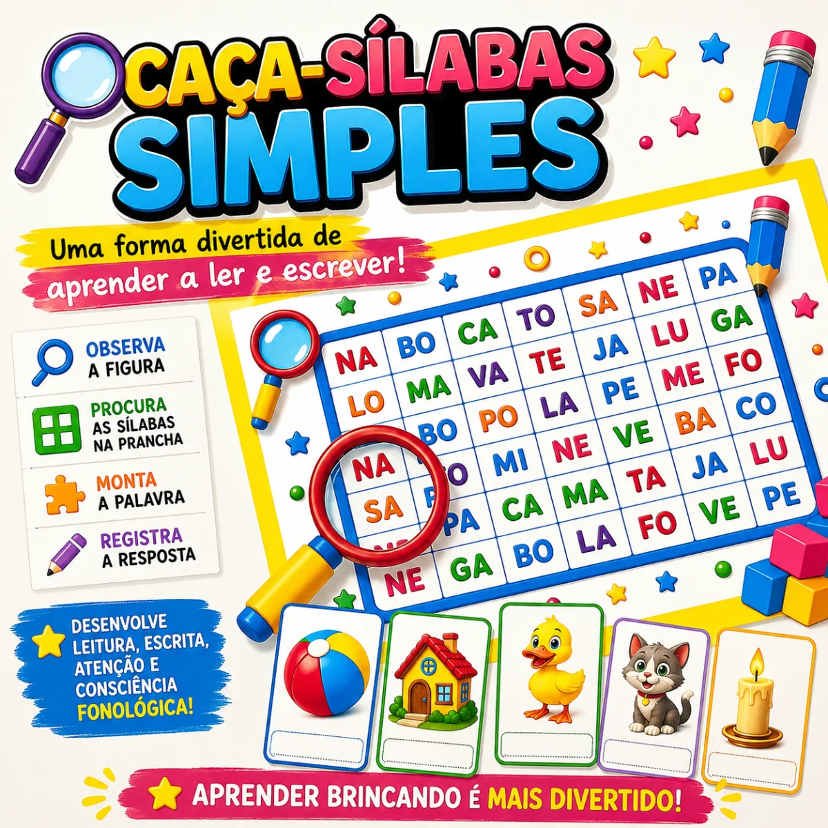 ATIVIDADE ALFABETIZAÇÃO CAÇA SÍLABAS SIMPLES — Alfabetização para Educação Infantil: 🔎📚 CAÇA-SÍLABAS SIMPLES Uma forma…