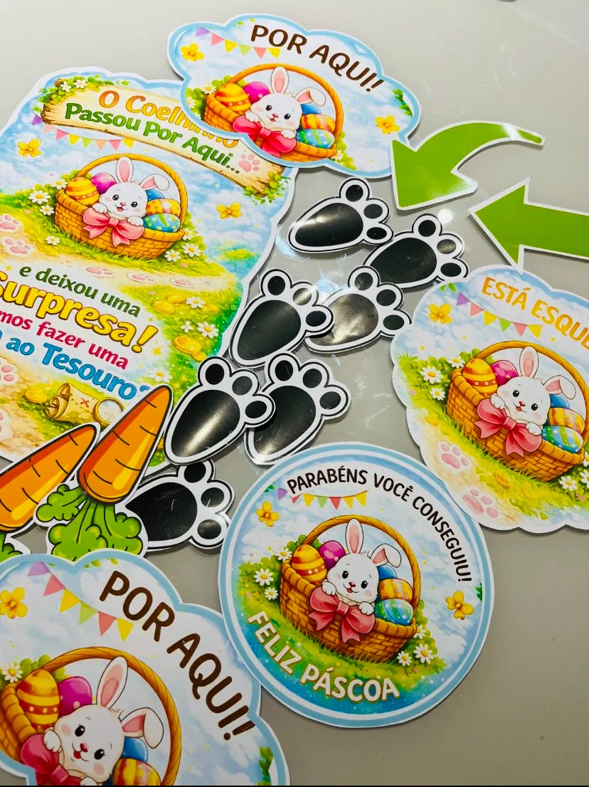 Atividade Caça ao Tesouro de Páscoa Infantil — amostra 1: As crianças seguem pistas ilustradas deixadas pelo coelhinho