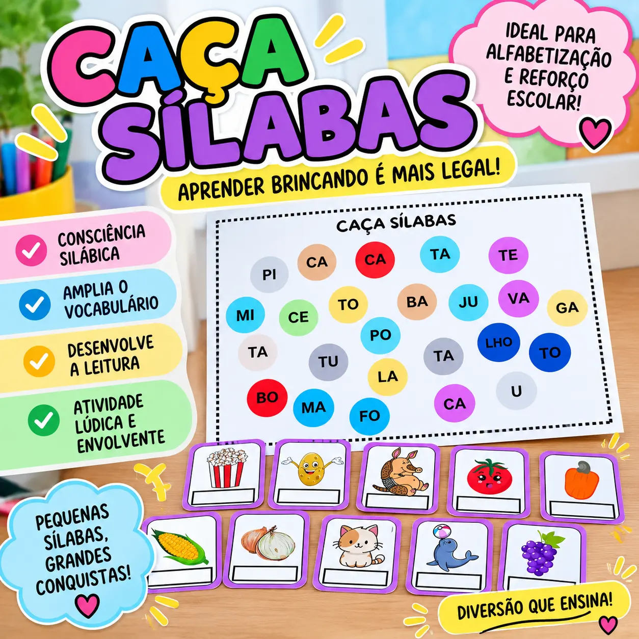 ATIVIDADE CAÇA SÍLABAS - ALFABETIZAÇÃO INICIAL — amostra 3: Nesta atividade, a criança observa as figuras, identifica as…