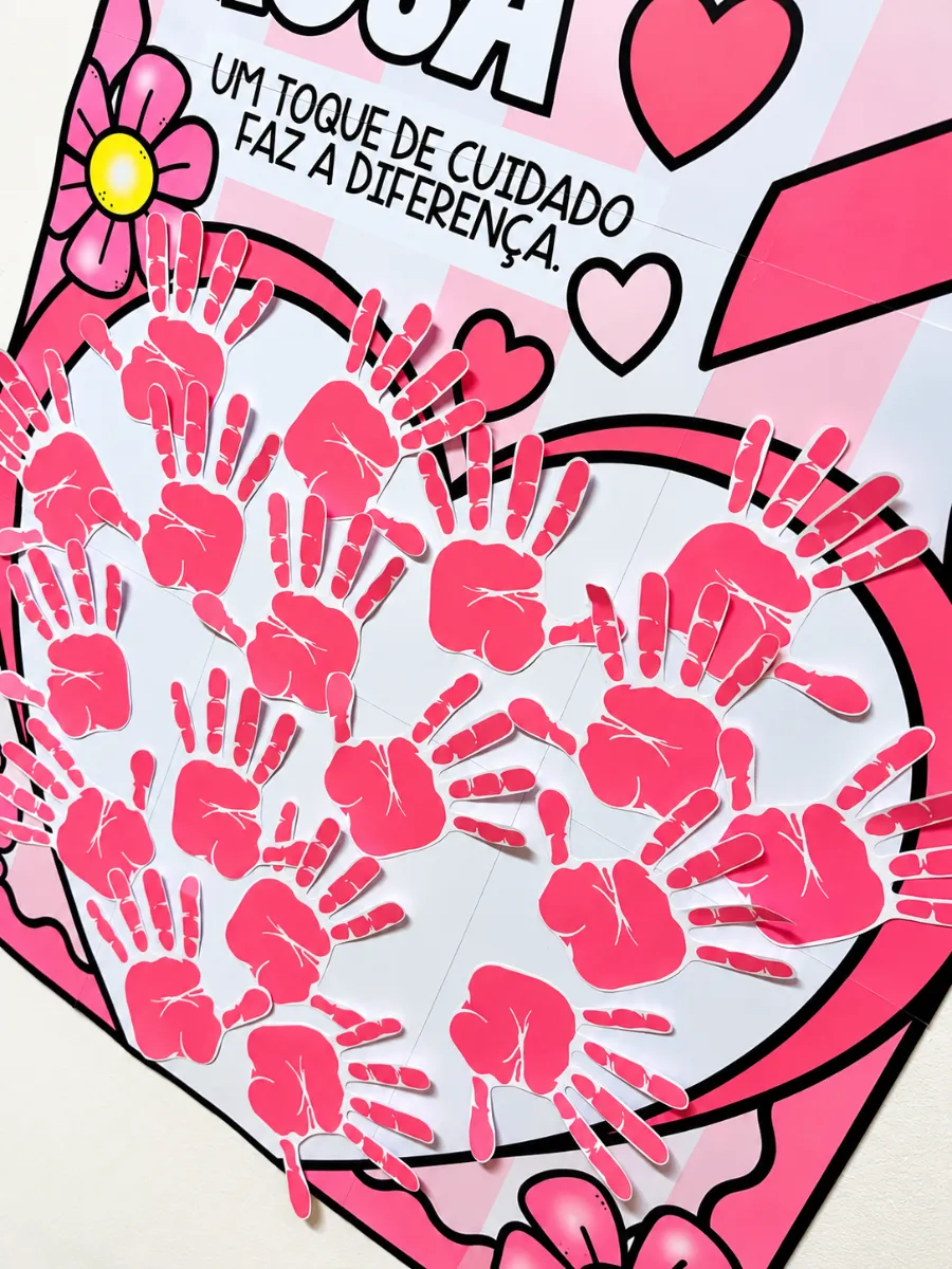 Atividade Coletiva Outubro Rosa para Educação Infantil — amostra 2: Cartaz colaborativo de Outubro Rosa com 9 folhas A4,…