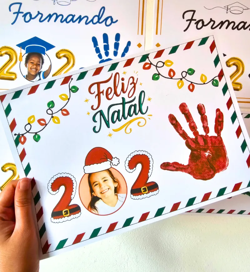 Atividade com Carimbo de Mão 2025: Natal e Formatura — amostra 1: Atividade com carimbo de mão para encerrar um ciclo