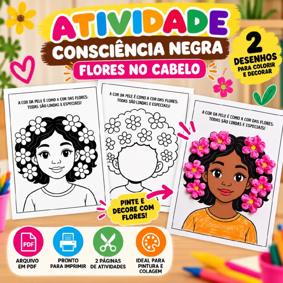 Atividade Consciência Negra: Flores no Cabelo para Colorir — Ciências para Educação Infantil: Atividade Consciência Negra…