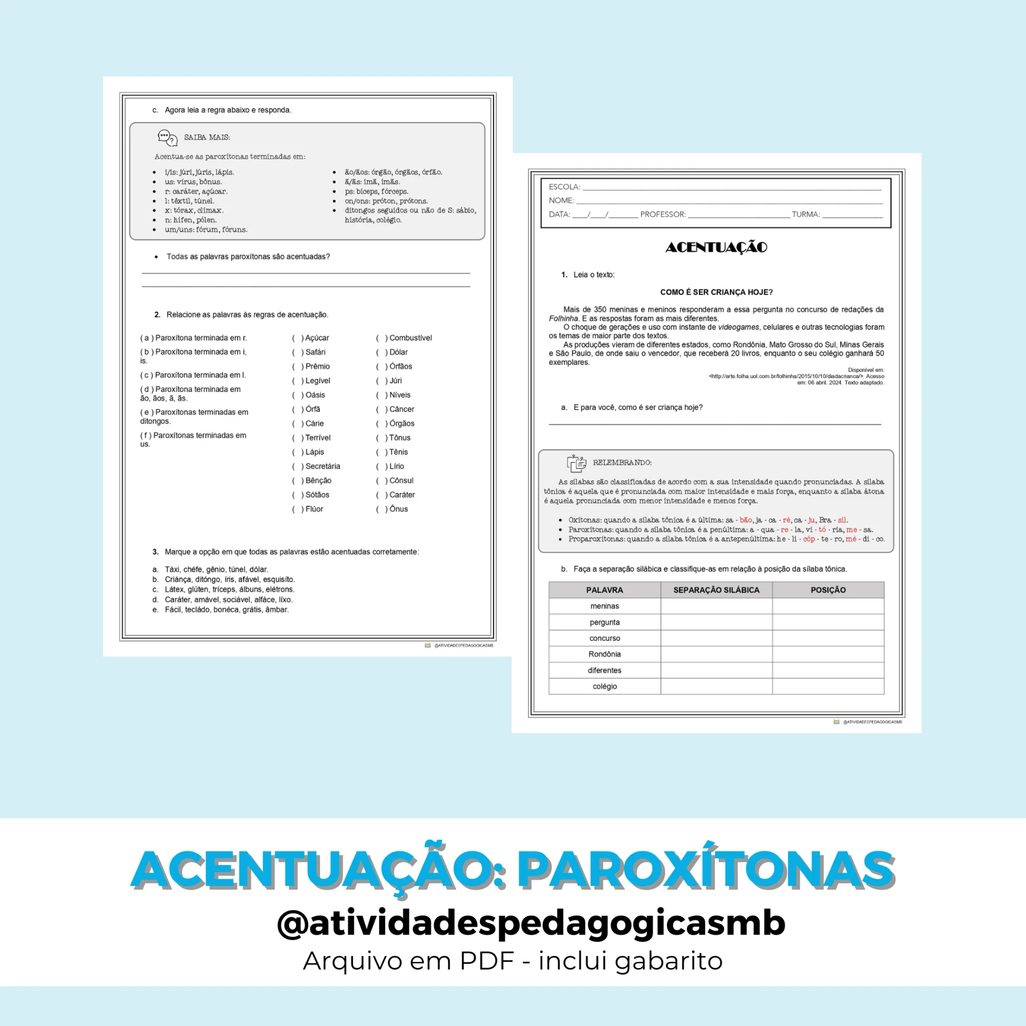 Atividade de Acentuação: paroxítonas - FONOLOGIA (PDF) — capa do material