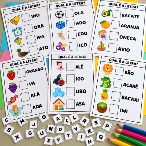 Atividade de Alfabetização: Qual é a Letra que Falta? — amostra 1: Atividade com 9 páginas para identificar as letras que…