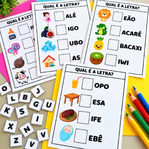 Atividade de Alfabetização: Qual é a Letra que Falta? — amostra 2: Atividade com 9 páginas para identificar as letras que…