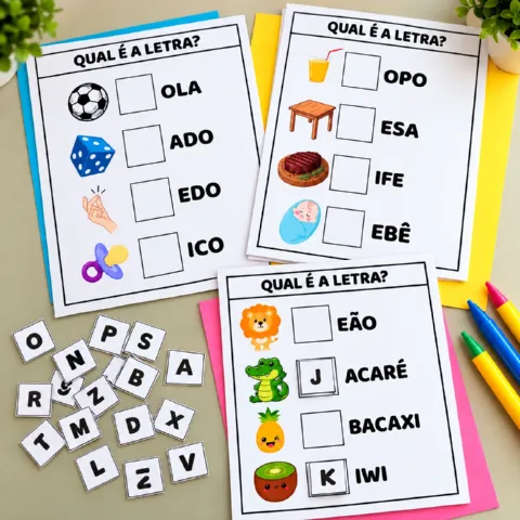 Atividade de Alfabetização: Qual é a Letra que Falta? — amostra 3: Atividade com 9 páginas para identificar as letras que…