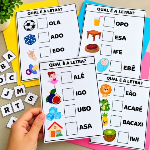 Atividade de Alfabetização: Qual é a Letra que Falta? — amostra 4: Atividade com 9 páginas para identificar as letras que…