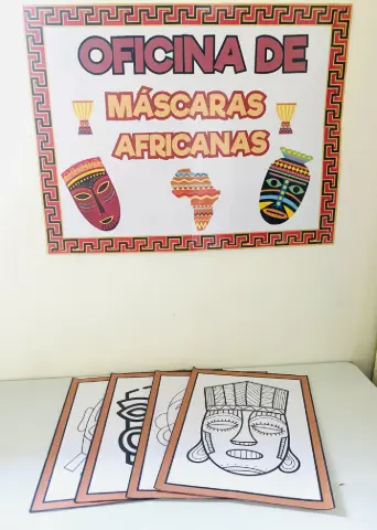 Atividade de Arte Africana com 6 Modelos de Máscaras — amostra 1: Oficina de máscaras africanas com painel ampliado pronto…