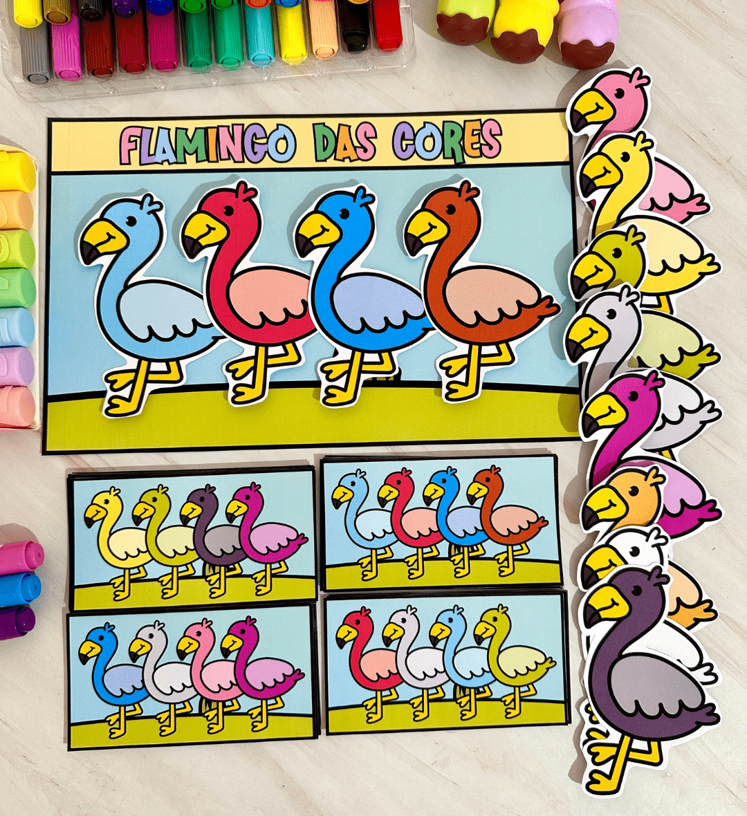 Atividade de cores: Flamingo das Cores em PDF — amostra 4: Como usar em sala de aula