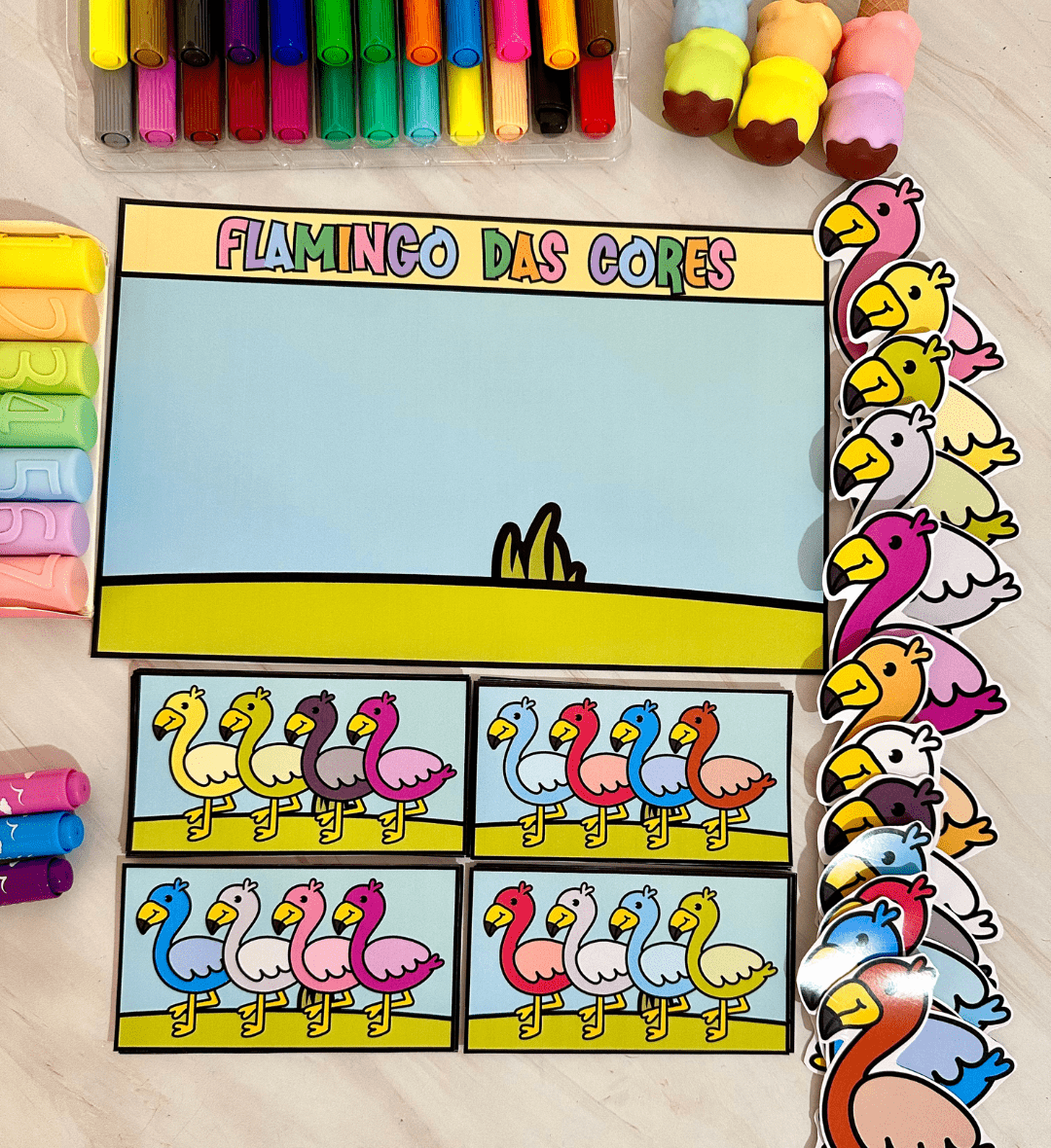 Atividade de cores: Flamingo das Cores em PDF — amostra 6: Trabalhe o reconhecimento das cores com fichas ilustradas de…