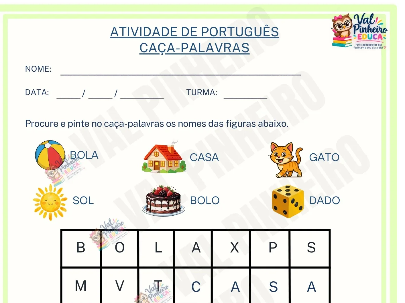 ATIVIDADE DE LINGUA PORTUGUESA - CAÇA-PALAVRAS - 1º ANO — amostra 1: Atividade de alfabetização que estimula a leitura, a…