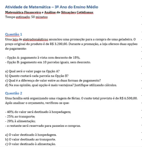 atividade de matemática para ensino médio — capa do material