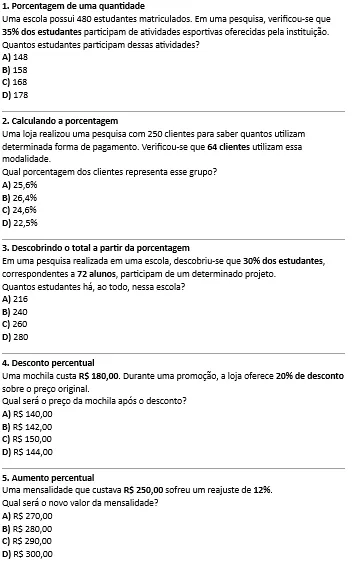 Atividade de porcentagem, aumentos e descontos percentuais. — amostra 1: 15 atividades da matéria de matemática financeira