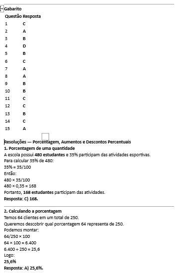 Atividade de porcentagem, aumentos e descontos percentuais. — amostra 2: 15 atividades da matéria de matemática financeira