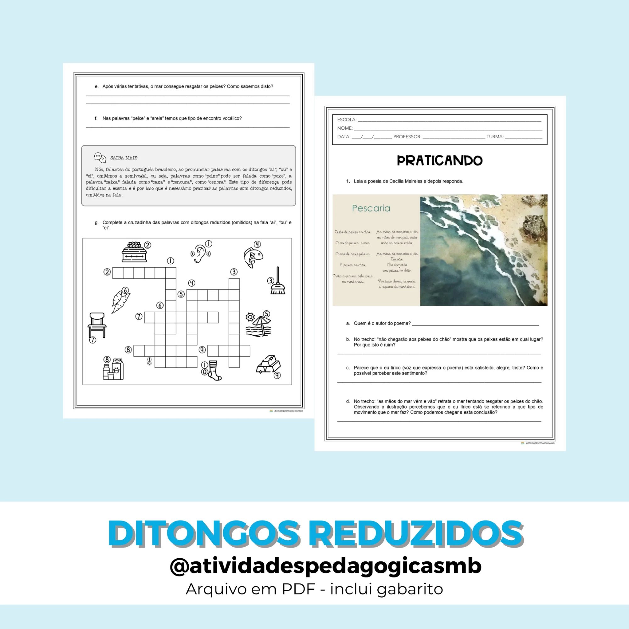 Atividade Ditongos Reduzidos - FONOLOGIA (PDF) — Português para 4º ano: Atividade de Português sobre ditongos reduzidos com…
