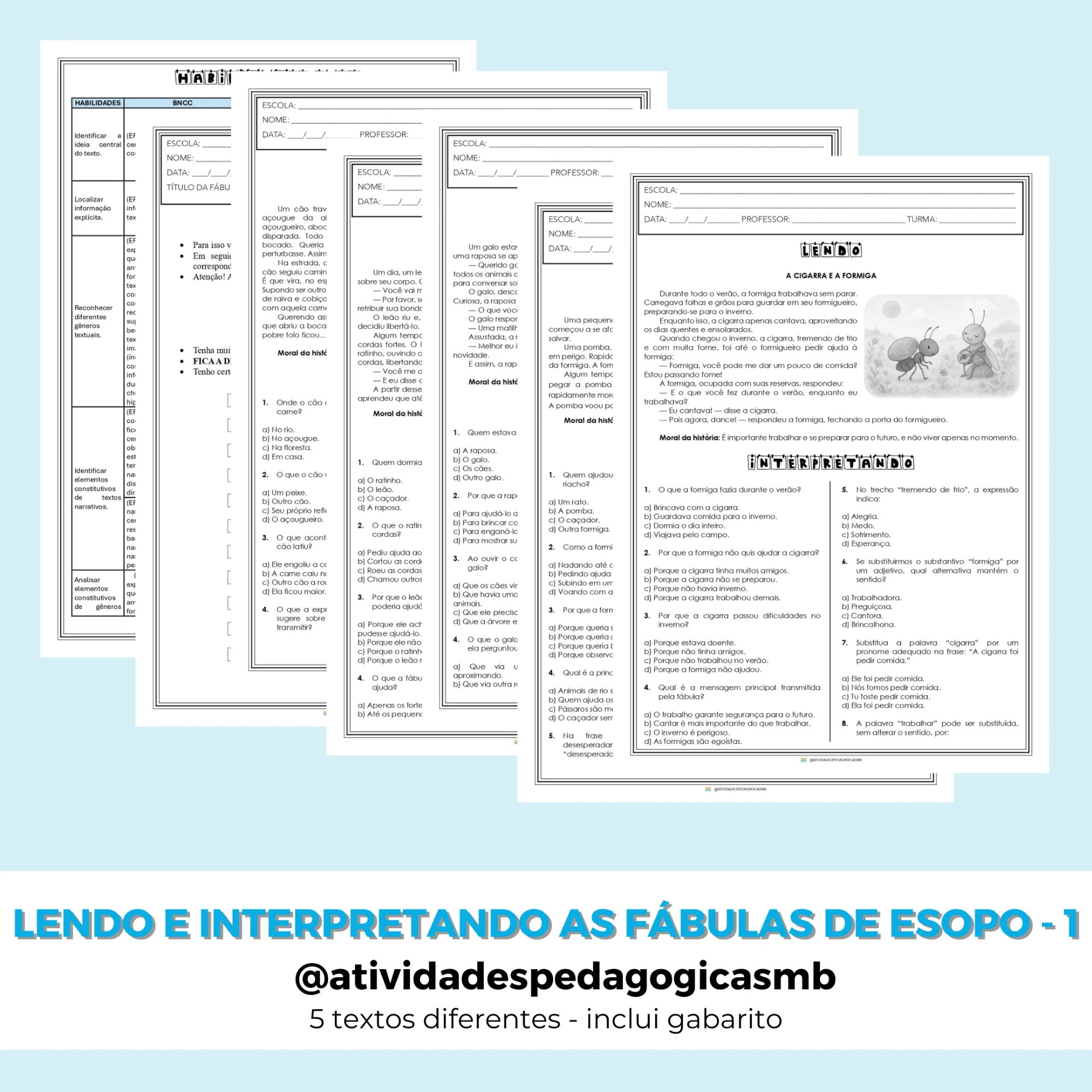 Atividade Lendo e Interpretando as Fábulas de Esopo - combo 1 (PDF) — capa do material