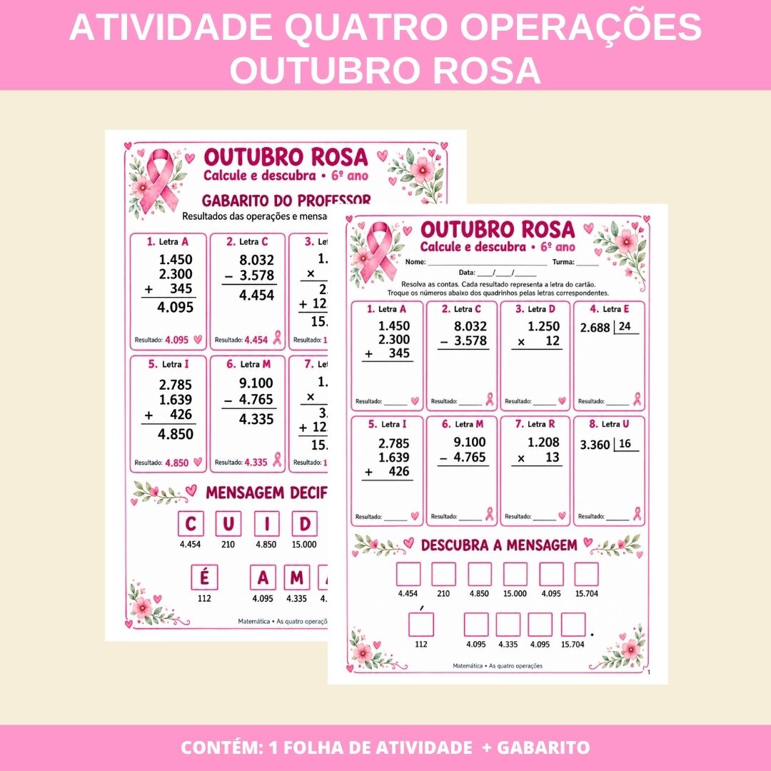 Atividade matemática outubro rosa: as quatro operações – PDF para Imprimir | 6º ano — capa do material