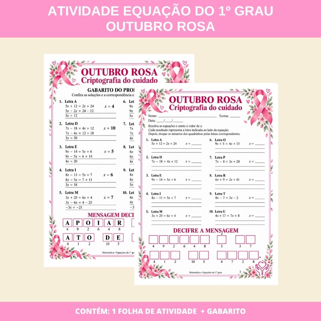 Atividade matemática outubro rosa: equação 1º grau – PDF para Imprimir — capa do material