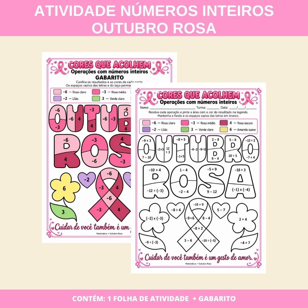 Atividade matemática outubro rosa: números inteiros – PDF para Imprimir | 8º ano — Matemática para Fundamental II (6º–9º):…