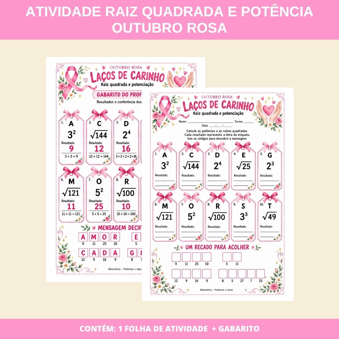 Atividade matemática outubro rosa: raiz quadrada e potência – PDF para Imprimir | 7º ano — Alfabetização para Fundamental…