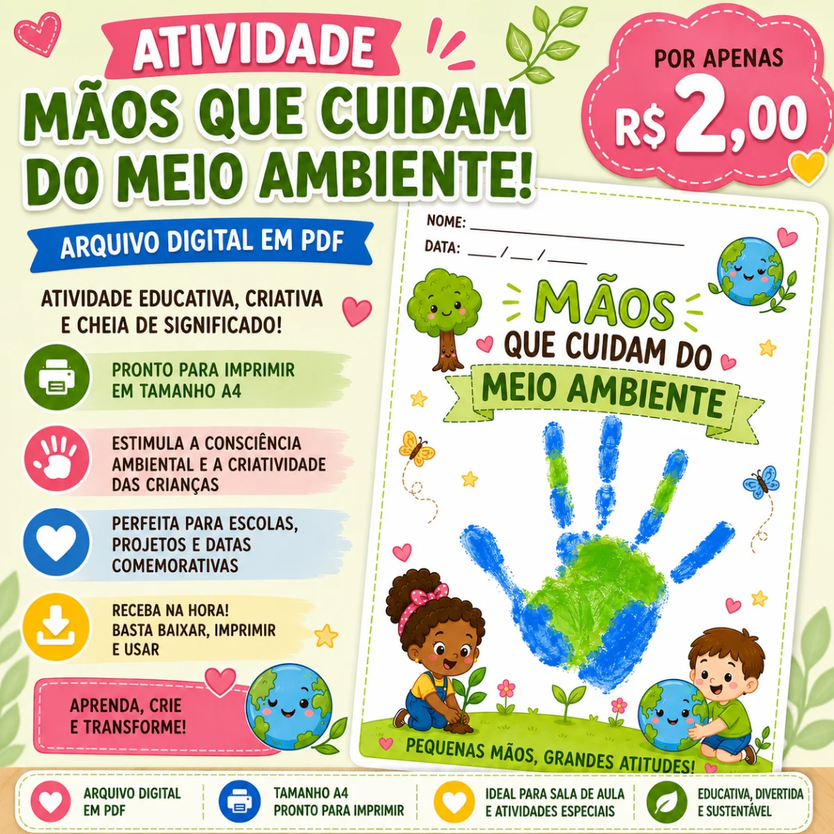 Atividade meio ambiente — Atividades para Educação Infantil: 🌎✨ ATIVIDADE “MÃOS QUE CUIDAM DO MEIO AMBIENTE” ✨
