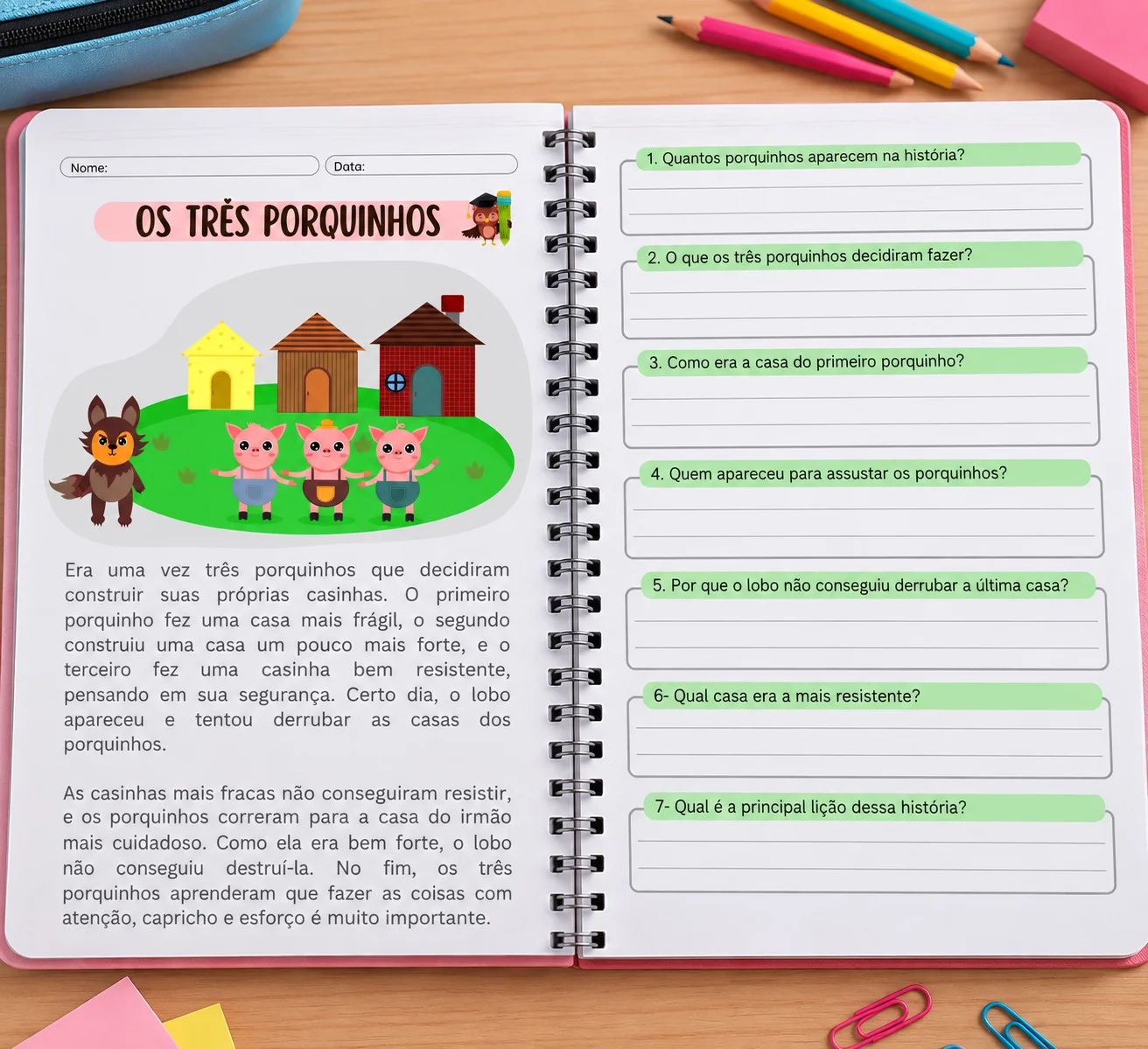 Atividade Os Três Porquinhos – Interpretação de Texto com Perguntas — amostra 1: Descrição detalhada