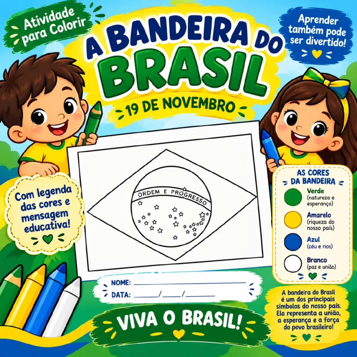 Atividade para Colorir a Bandeira do Brasil| PDF A4 — Datas comemorativas para Educação Infantil: Atividade educativa para…