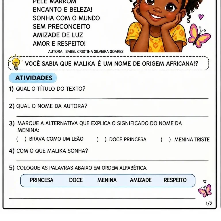ATIVIDADE PEDAGÓGICA - CONSCIÊNCIA NEGRA - MALIKA — amostra 1: A atividade apresentada na imagem é um recurso didático de…