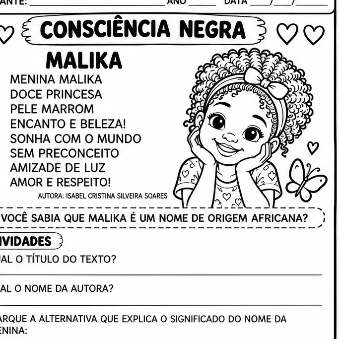 ATIVIDADE PEDAGÓGICA - CONSCIÊNCIA NEGRA - MALIKA — amostra 5: Recurso didático na temática da Consciência Negra