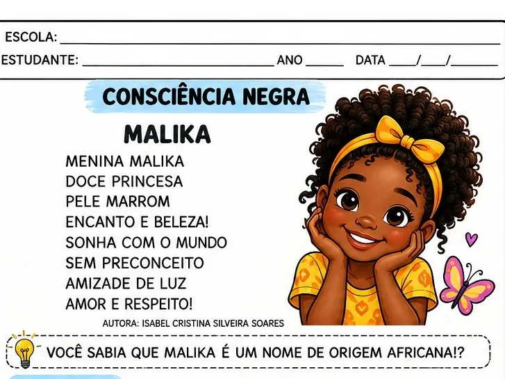 ATIVIDADE PEDAGÓGICA - CONSCIÊNCIA NEGRA - MALIKA — Alfabetização para Todas as séries: Recurso didático na temática da…