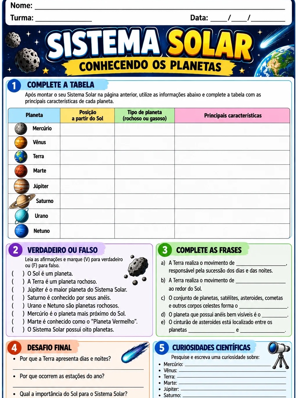 Atividade Prática Sistema Solar: Recorte, Monte e Aprenda — amostra 2: Atividade prática sobre o Sistema Solar com recorte,…
