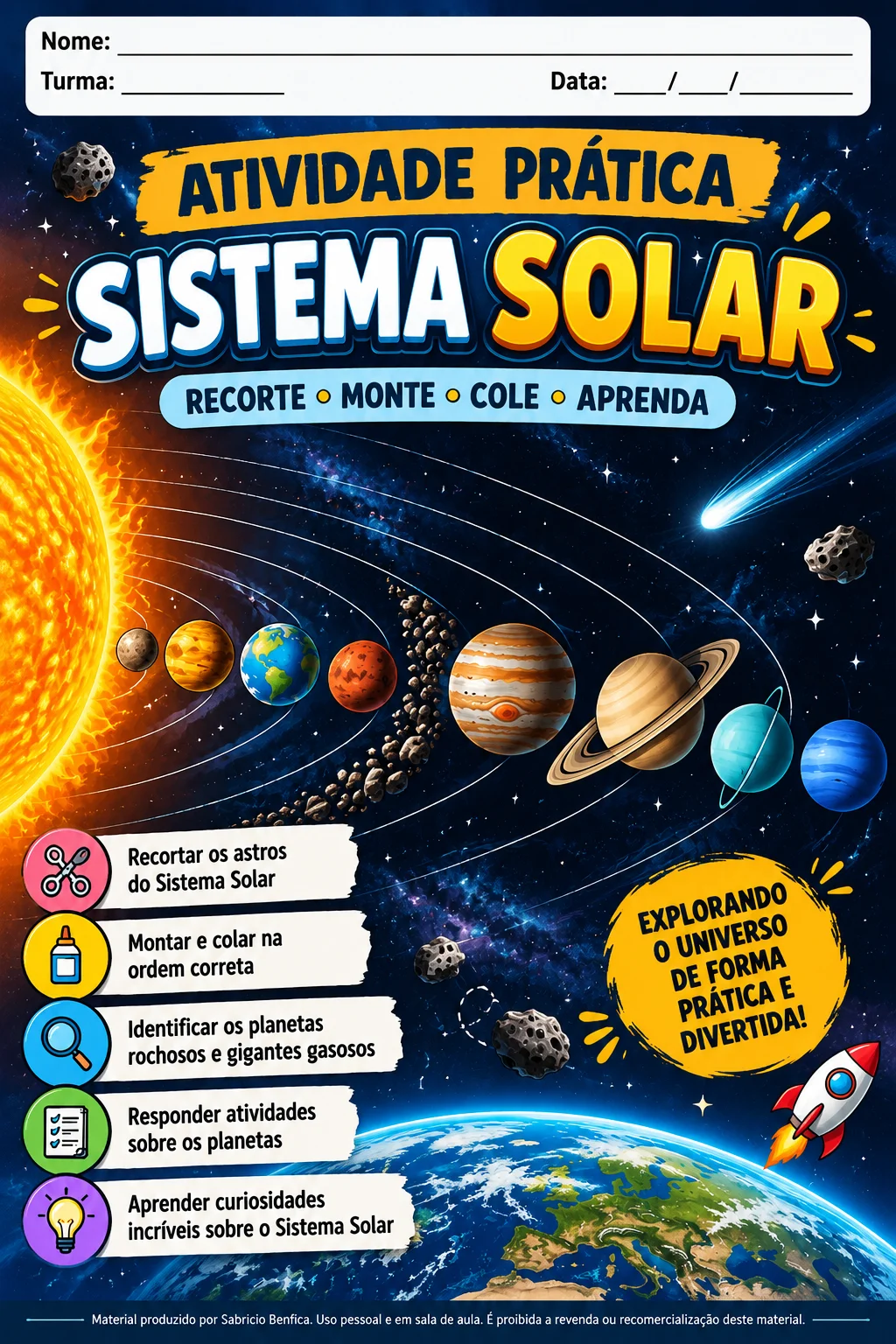 Atividade Prática Sistema Solar: Recorte, Monte e Aprenda — Ciências para Fundamental II (6º–9º): Atividade prática sobre o…