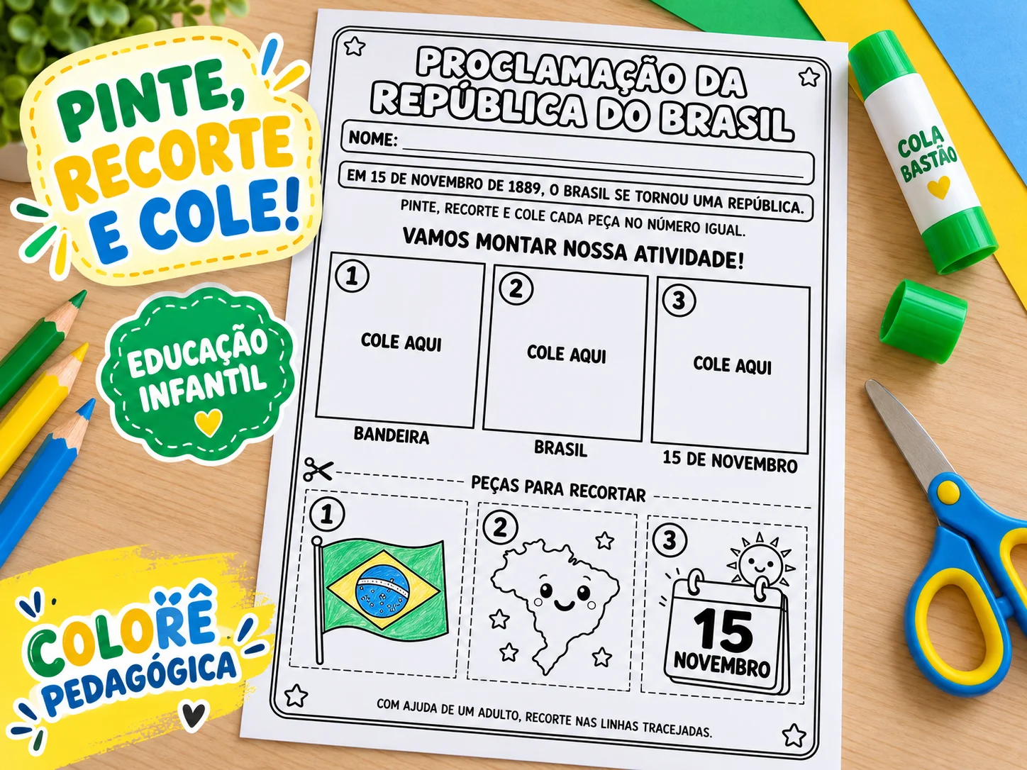 Atividade Proclamação da República para Ed. Infantil Recorte e Colagem — amostra 2: Material em preto e branco, com peças…