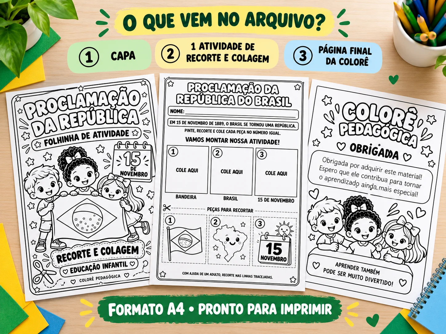 Atividade Proclamação da República para Ed. Infantil Recorte e Colagem — amostra 3: Material em preto e branco, com peças…