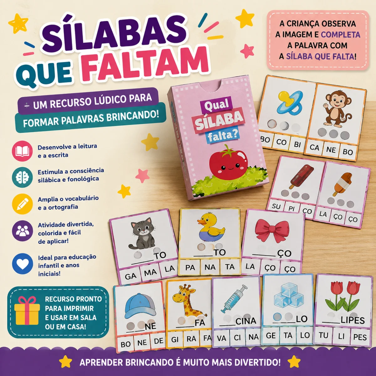 ATIVIDADE QUAL SÍLABA FALTA? - ALFABETIZAÇÃO ENSINO FUNDAMENTAL — capa do material