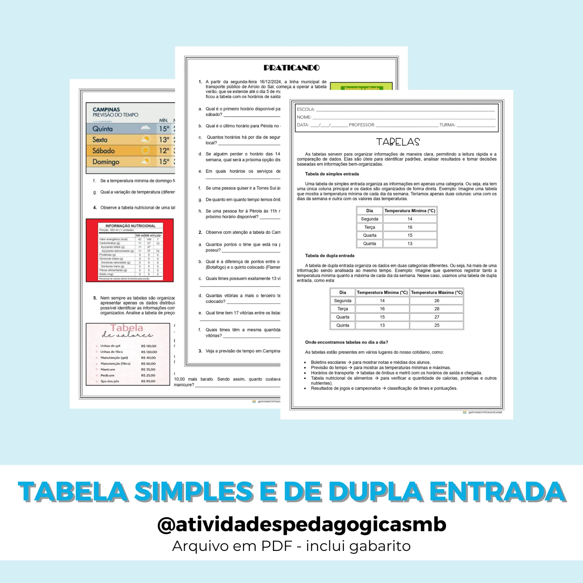 Atividade sobre Tabelas Simples e Dupla Entrada - ESTATÍSTICA (PDF) — capa do material