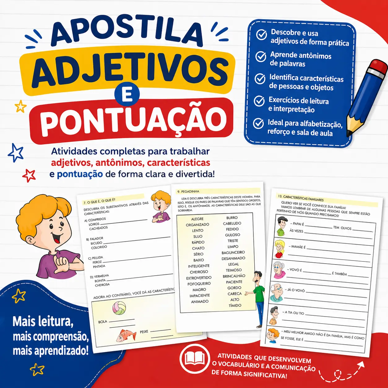ATIVIDADES COM ADJETIVOS E PONTUAÇÃO - 19 PÁGINAS - ANOS INICIAIS — capa do material