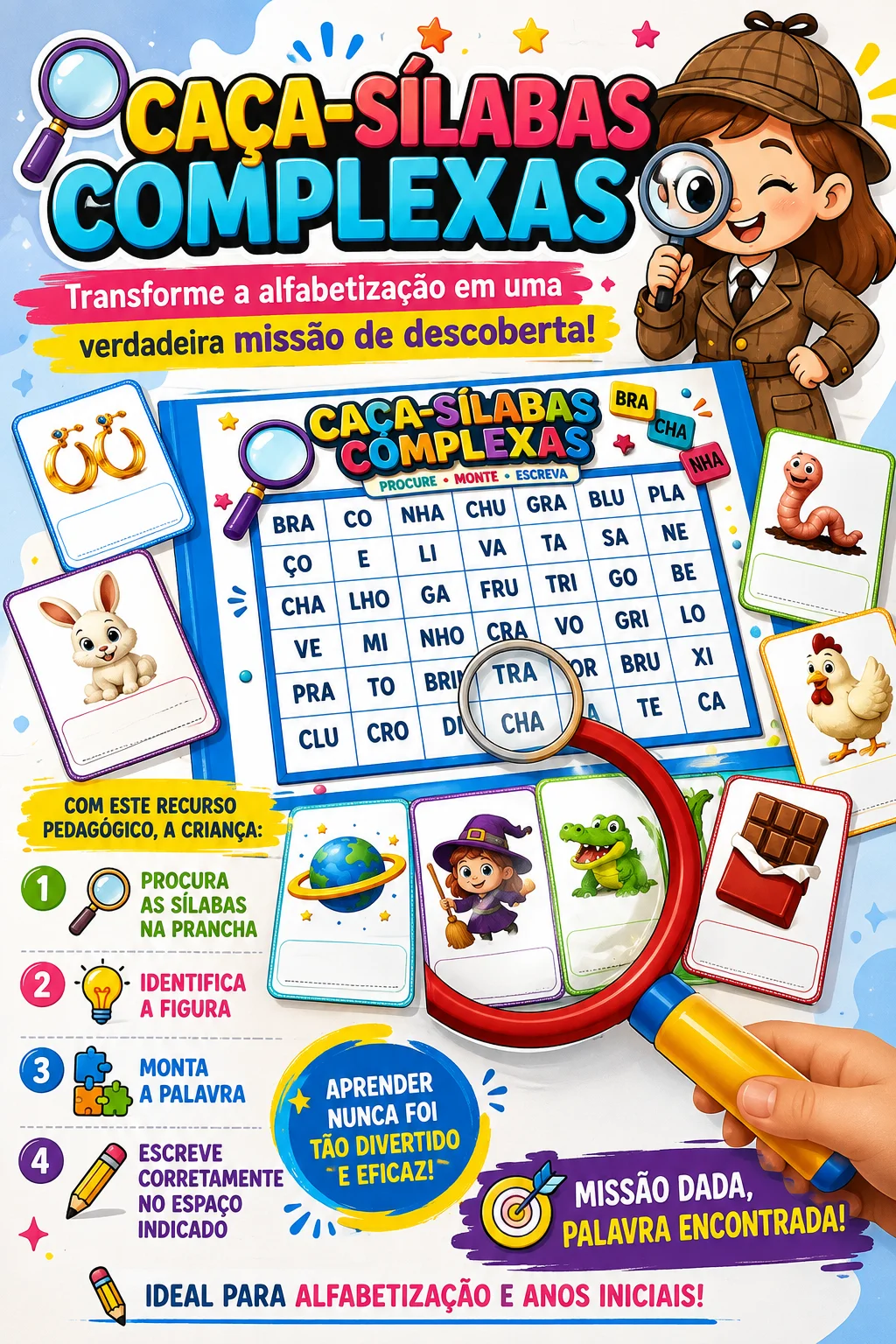 ATIVIDADES COM CAÇA SÍLABAS COMPLEXAS - ALFABETIZAÇÃO — capa do material
