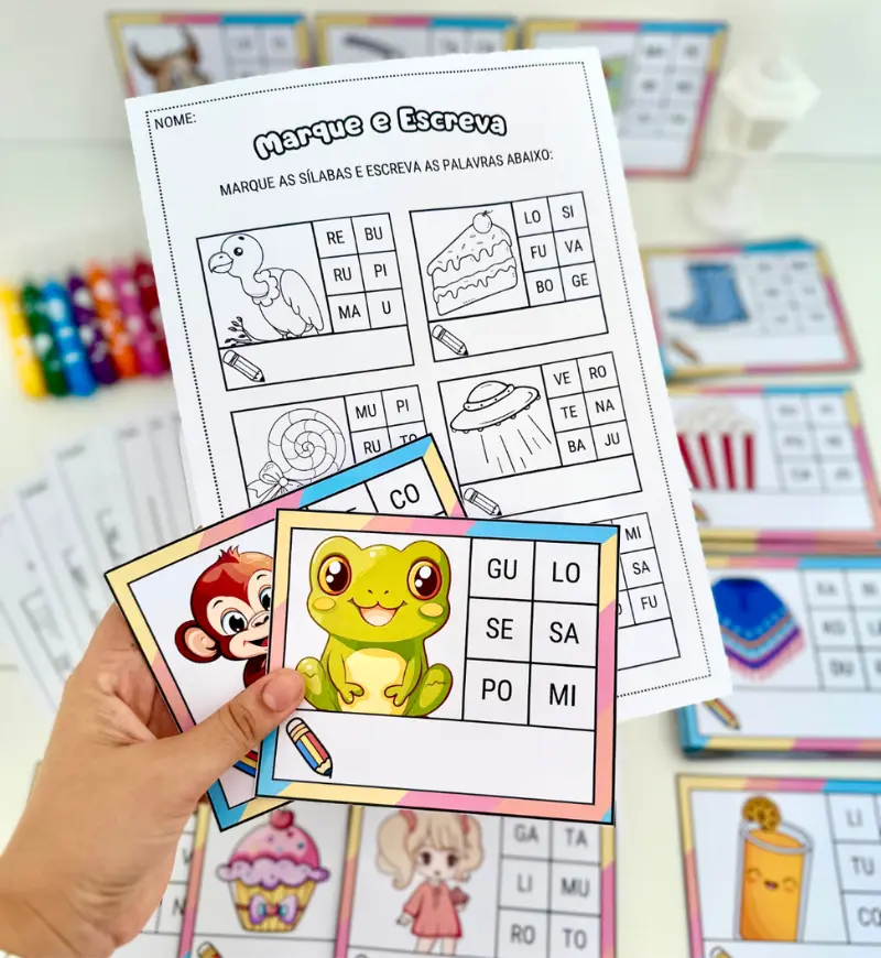 Atividades com Sílabas Simples: Kit Marque e Escreva em PDF — amostra 2: O que está incluído no PDF