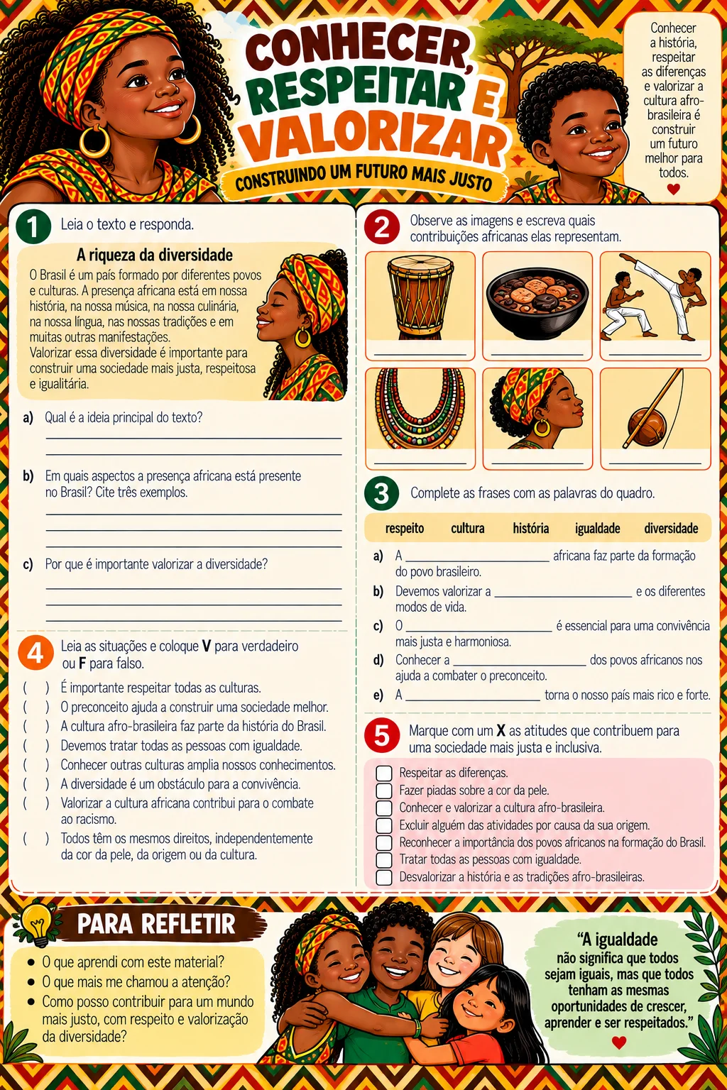 Atividades Consciência Negra 4º e 5º Ano – Kit Pedagógico — amostra 1: Material colorido com atividades sobre história,…