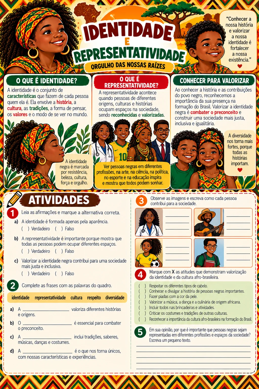 Atividades Consciência Negra 4º e 5º Ano – Kit Pedagógico — amostra 3: Material colorido com atividades sobre história,…