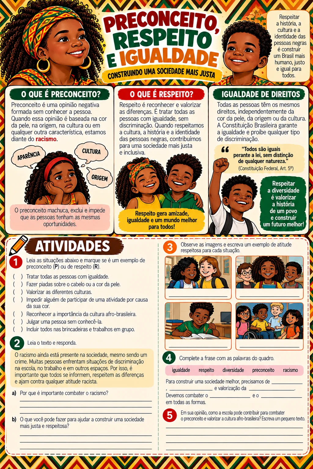 Atividades Consciência Negra 4º e 5º Ano – Kit Pedagógico — amostra 4: Material colorido com atividades sobre história,…