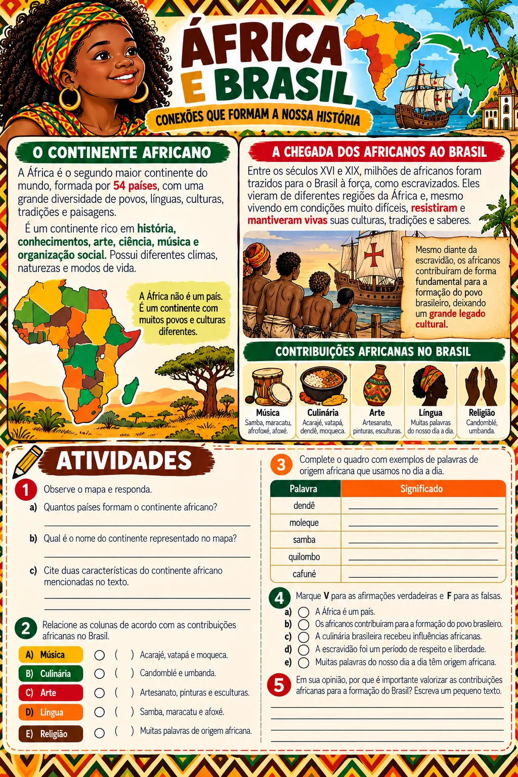 Atividades Consciência Negra 4º e 5º Ano – Kit Pedagógico — amostra 5: Material colorido com atividades sobre história,…
