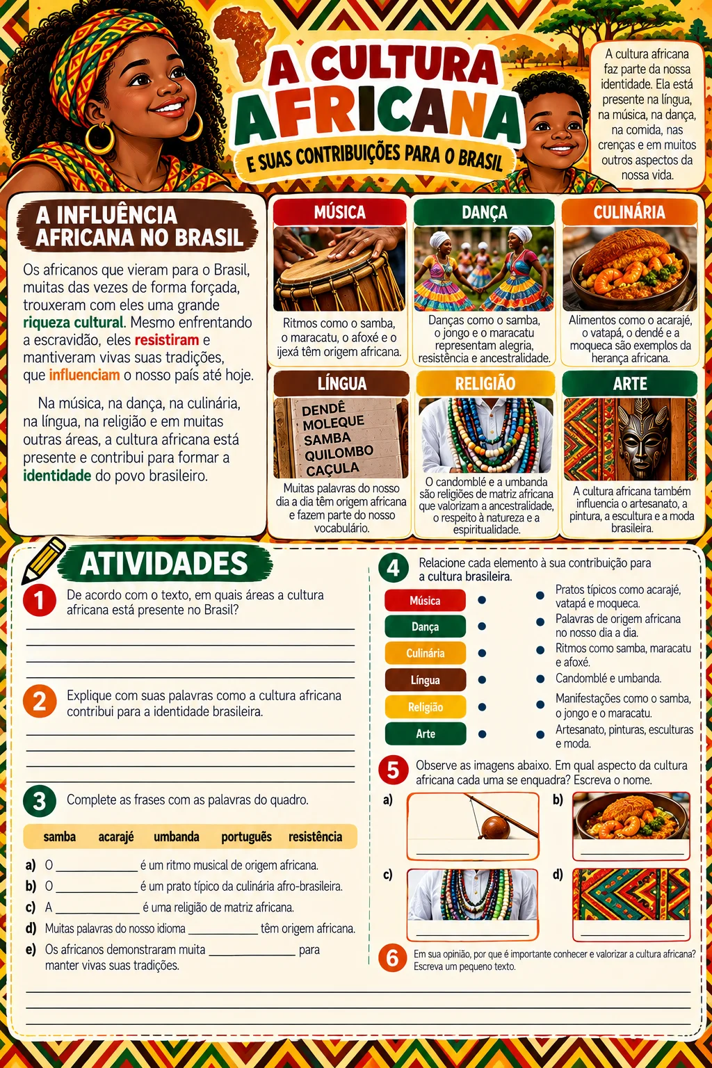 Atividades Consciência Negra 4º e 5º Ano – Kit Pedagógico — amostra 6: Material colorido com atividades sobre história,…