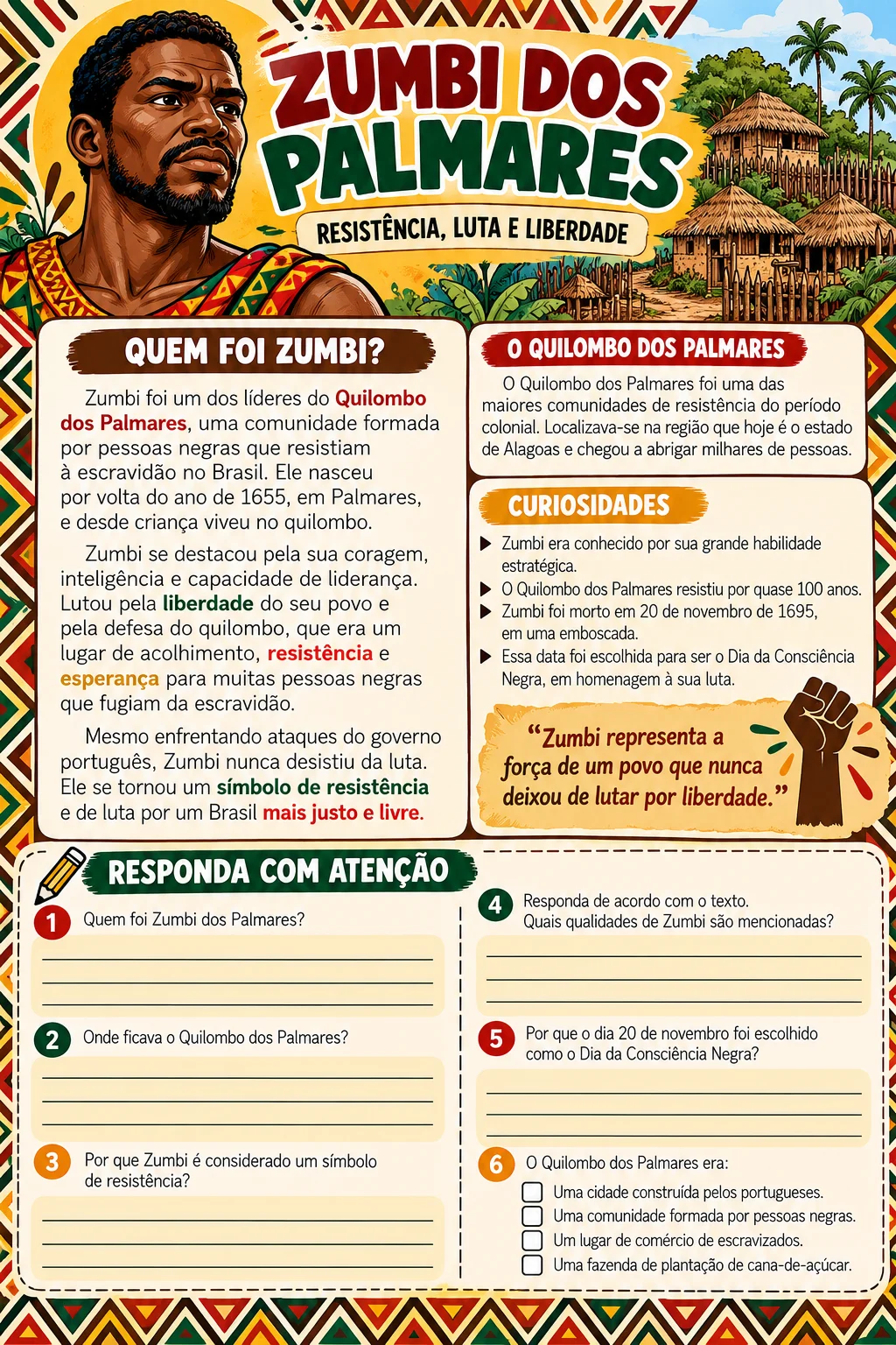 Atividades Consciência Negra 4º e 5º Ano – Kit Pedagógico — amostra 7: Material colorido com atividades sobre história,…