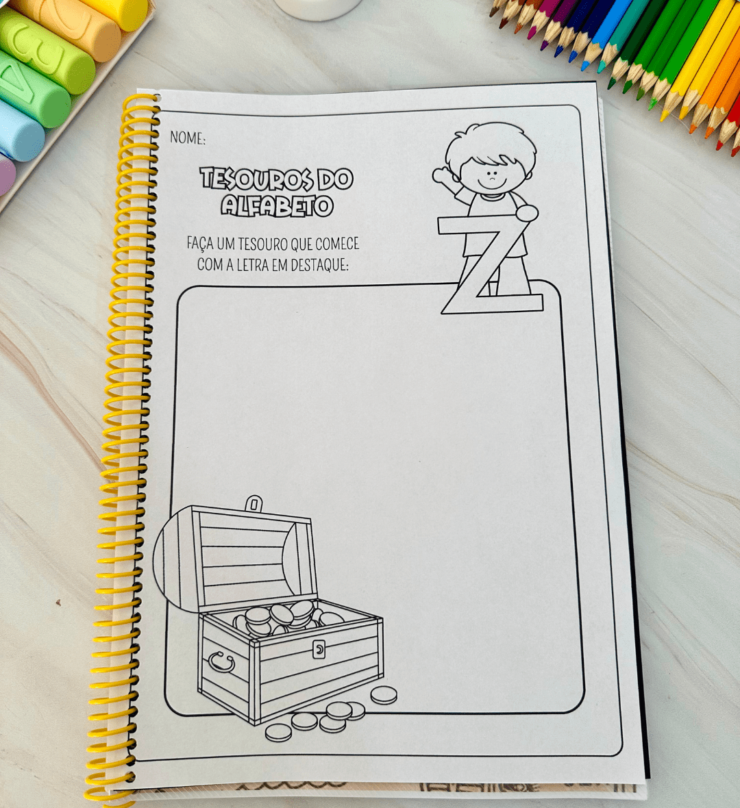 Atividades de alfabeto para colorir | Tesouros do Alfabeto — amostra 2: O que vem no material