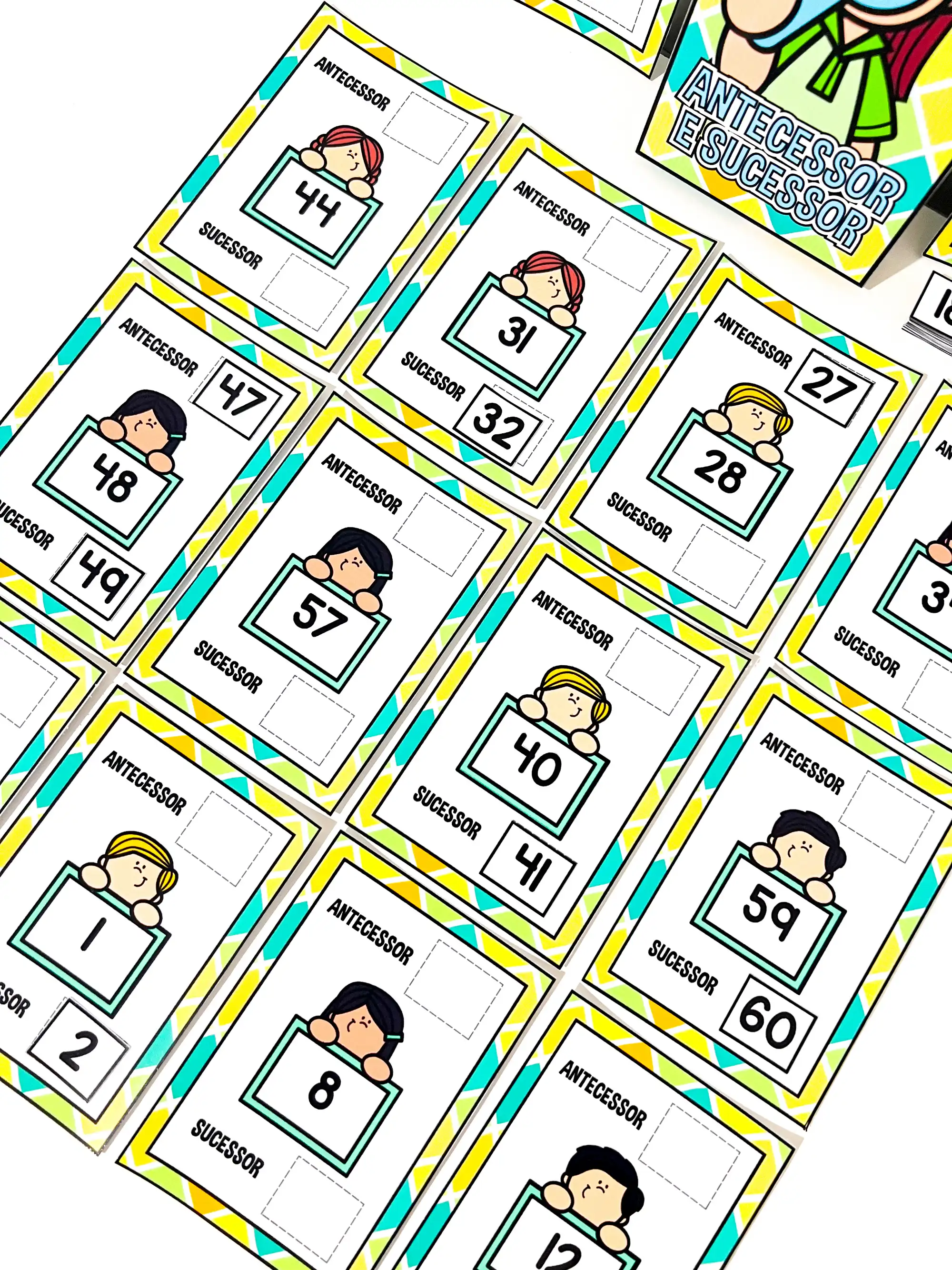 Atividades de Antecessor e Sucessor de 0 a 60 — amostra 4: Atividade de antecessor e sucessor de 0 a 60 com fichas…