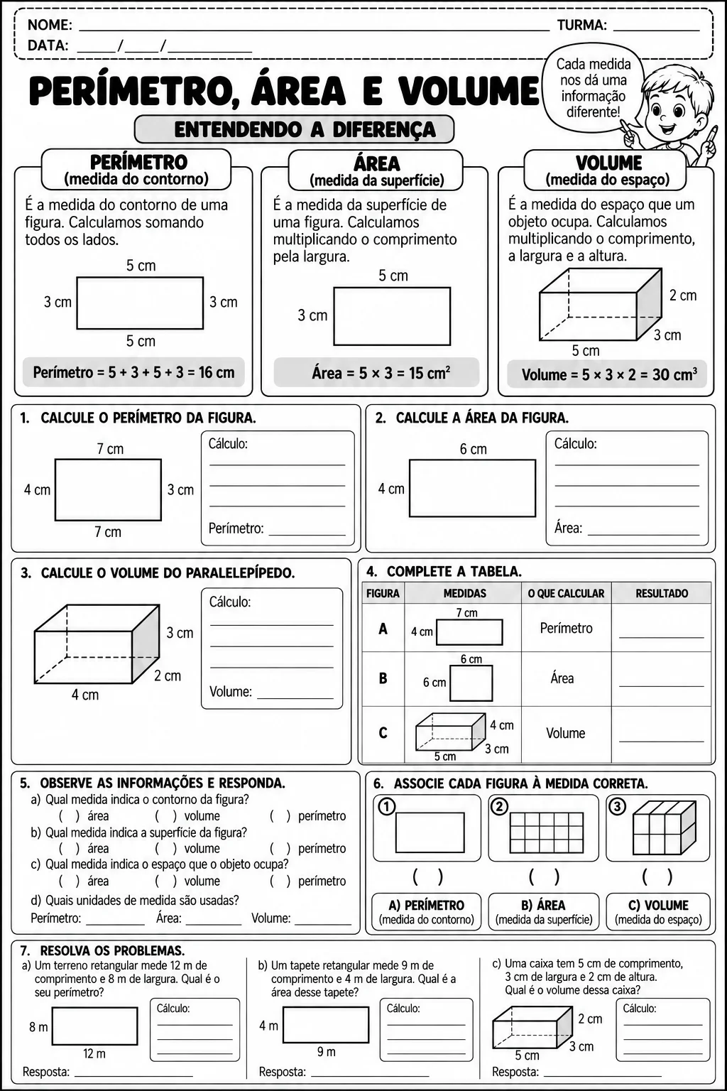 Atividades de Área, Perímetro e Volume – 4º e 5º Ano — amostra 3: Atividades de Matemática sobre área, perímetro e volume…